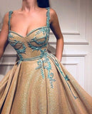 A Line Spaghetti Straps Sweetheart Gold Rhinestone Sparkly Appliques Prom Dresses