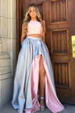 A Line Pink Grey Double Sides Wearable Prom Dresses High Slit Taffeta Evening Dresses STK15011