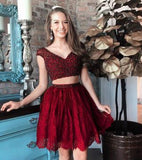 A Line Two Pieces V Neck Beads Burgundy Lace Short Prom Dresses Homecoming Dresses