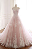 Unique A Line Pink Sweetheart Tulle Spaghetti Straps Long Lace Prom Dresses