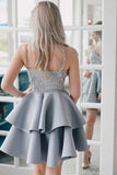 A Line V Neck Backless Satin Beaded Grey Spaghetti Straps Lace Homecoming Dresses