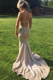 Elegant V Neck Halter Mermaid Appliques Prom Dresses with Beadding, Backless Party Dress STK15213