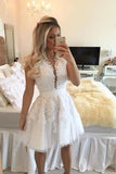 A-line Hot-selling Deep V-Neck White Lace Short Homecoming Dresses