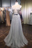 A Line Grey Tulle Beads 3D Flowers Round Neck Long Prom Dresses with Belt STK15000