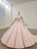 Elegant Ball Gown Pink Long Sleeves Appliques Prom Dresses, Quinceanera STK20482