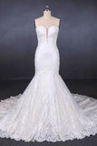 Charming Strapless Sweetheart Mermaid Lace Appliques White Wedding Dresses STK15128