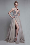 2024 New Arrival V Neck Open Back Prom Dresses A Line Tulle PY2Y87HA