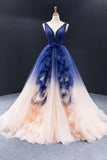 Ball Gown Ombre V Neck Tulle Royal Blue Long Prom Dresses, Quinceanera Dresses STK15067