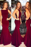 Red Backless Bateau Neck Mermaid Stretch Satin Prom Dresses Prom Dresses