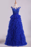 2024 Dark Royal Blue Bateau A Line Evening Dresses With Applique PQ2M2EJ8