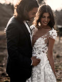 A Line Ivory V Neck Country Wedding Dresses with Appliques, Beach Wedding Gowns STK15548