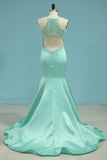 2024 New Arrival Open Back Prom Dresses Mermaid Satin With Beads P72GY1C8