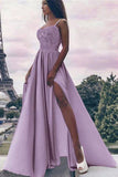 A Line Spaghetti Straps High Slit Sweetheart Chiffon Lace Appliques Prom Dresses