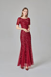 Elegant Mermaid Burgundy Tulle Prom Dresses Round Neck Long Evening Dresses STK15176