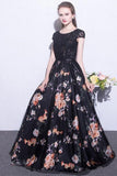 2024 Black Prom Dresses Scoop A-Line Floral Print Sexy Long Lace PKND18NP