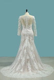 2024 Bateau Wedding Dresses Mermaid Long Sleeve Tulle With Applique PMEK38XJ