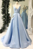 Simple V Neck Sky Blue Satin Long Prom Dresses with Pockets Beading, Formal Dresses STK15404