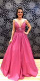 Sugar Pink V-Neck Spaghetti Straps Open Back Sleeveless Prom Dress Satin Prom Dresses