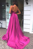 Simple A Line Spaghetti Straps V Neck Satin Backless Prom Dresses, Party STK20443