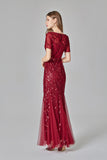 Elegant Mermaid Burgundy Tulle Prom Dresses Round Neck Long Evening Dresses STK15176