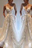 A Line Spaghetti Straps Deep V Neck Ivory with Pockets Tulle Open Back Wedding Dresses