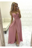 Simple Satin Evening Gown Spaghetti Straps Prom Dress With Pleats And High STKPMRMS38T