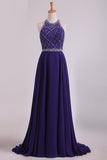 2024 A Line Prom Dresses Halter Beaded Bodice Open Back Sweep Train Chiffon & PNY91XXH