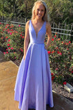 A Line Lavender V Neck Long Prom Dresses with Pockets, Satin Backless Evening Dresses STK15003