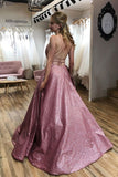 Unique A line Pink Sequins Spaghetti Straps Prom Dresses, Evening STK20450