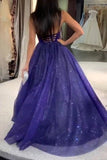 Sparkly Dark Royal Blue Spaghetti Straps V Neck A line Prom Dresses, Formal STK20479