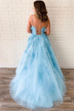 Unique A-Line Sky Blue Tulle Appliques Beads Scoop Prom Dresses with Lace STK20453