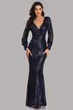 Long Split Sleeve Mermaid V Neck Dark Navy Blue Sequins Prom Dresses, Formal Dress STK15256