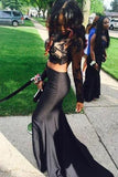 2 Pieces Black Long Sleeve Prom Dresses Mermaid Lace