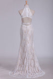 2024 Open Back Prom Dresses High Neck Lace With Beads And Slit P7NME6QJ