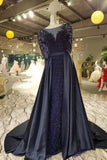 2024 Dark Davy Prom Dresses Removable Train Scoop Tulle With Full Beading P4AH5BYE