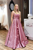 Unique A line Pink Sequins Spaghetti Straps Prom Dresses, Evening STK20450