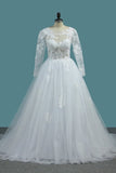 2024 A Line Open Back Long Sleeves Scoop Wedding Dresses Tulle PMF1F45F