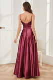 A-line V-neck Soft Satin Long Bridesmaid Dress with Pockets