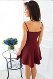 A-Line Spaghetti Straps Short Burgundy Satin Sweetheart Above Knee Homecoming Dress