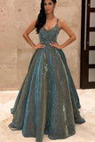 Sparkly Spaghetti Straps Green Sequins Prom Dresses, Backless Party Dresses STK15431