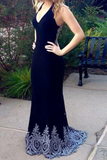 Dark Navy Blue Mermaid Prom Dresses With Appliques Charming Long Formal STKPESSR754