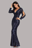 Long Split Sleeve Mermaid V Neck Dark Navy Blue Sequins Prom Dresses, Formal Dress STK15256