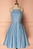 A Line Blue Halter Sleeveless Short Satin Knee Length Homecoming Dress