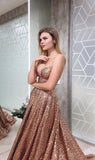 A Line Gold V Neck Sequin Long Prom Dress Long Cheap Evening Dresses