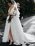 Stunning V-Neck Satin Straps Ivory Wedding Dresses A-line Bridal Gowns with Pockets V Back STK14983