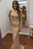 Gold Sequins Mermaid Long Sleeves Formal Dresses Evening Prom Dresses