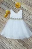 Scoop Bowknot Knee-length Ivory Organza Beads Sleeveless Flower Girl