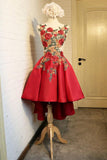 A Line Red Appliques Lace High Low Lace up Satin Scoop Homecoming Dresses