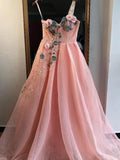 Unique A Line One Shoulder 3D Appliques Pink Tulle Long Beads Prom SRS15677