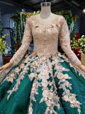 Ball Gown Long Sleeve Satin Beads Prom Dresses, Quinceanera Dresses with Appliques STK15059